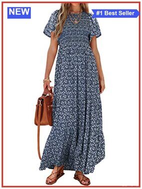 Flutter Sleeve Floral Maxi Dress Smocked Tiered A-Line Summer Beach Vacation